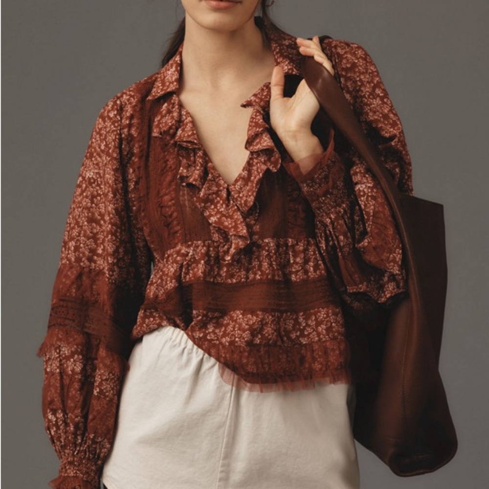 Anthropologie Floral Ruffle Blouse - Brown NWT size M